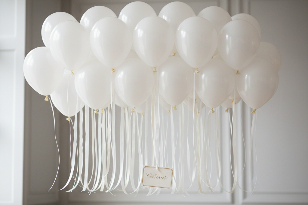 50 Helium gefüllte Ballons weiß mit Schnur und Karte